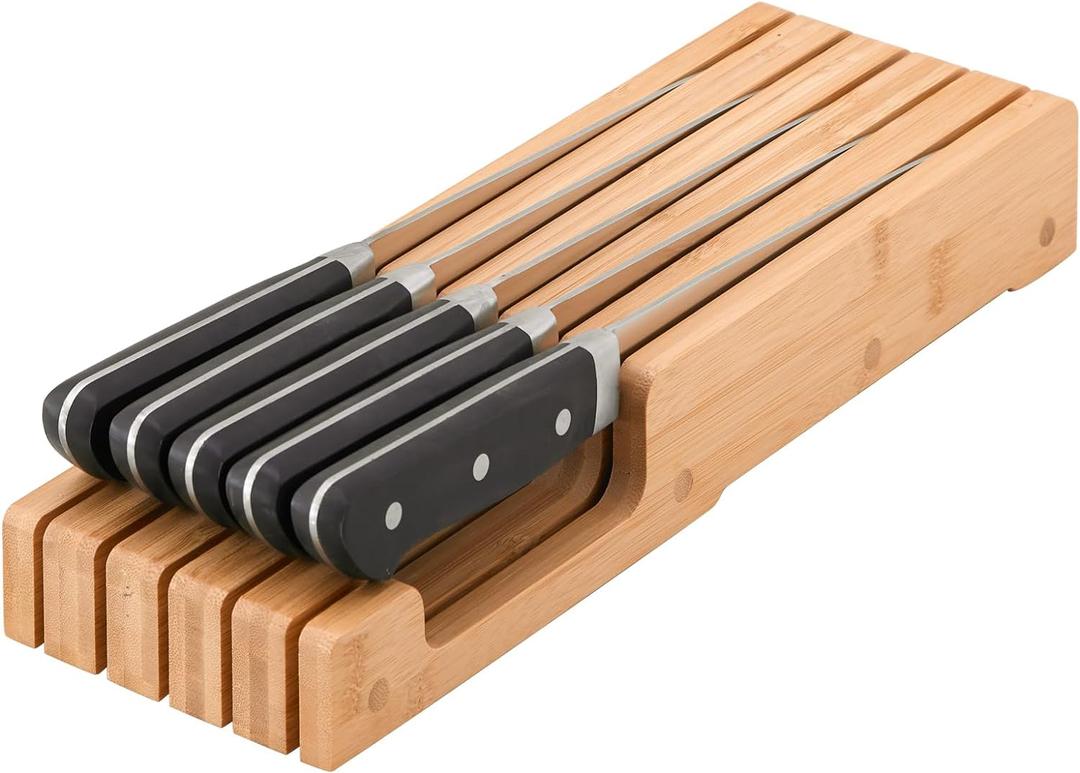Bamboo Knife Block and In-Drawer Storage, Display Stand and Organizer, In-Drawer Knife Drawer Organizer(Knives Not Included) (5 Knives Dock)