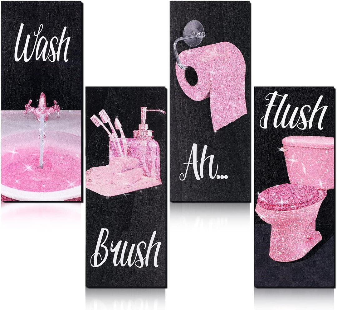 Chinco 4 Pcs Women Funny Wall Art Bathroom Decor 9.84 x 3.94 x 0.2 Inch Glam Bathroom Wall Decor Modern Women Funny Bath Wood Hanging Decoration for Home (Pink)
