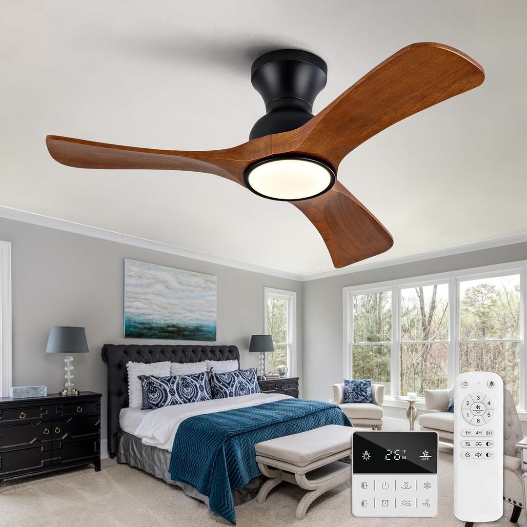 36 inch Flush Mount Ceiling Fans with Lights,Remote Control,Wall Switch,Solid Wood Blades,Dimmable,Reversible,Noiseless, Low Profile Black Ceiling Fan for Bedroom Patio Indoor/Outdoor