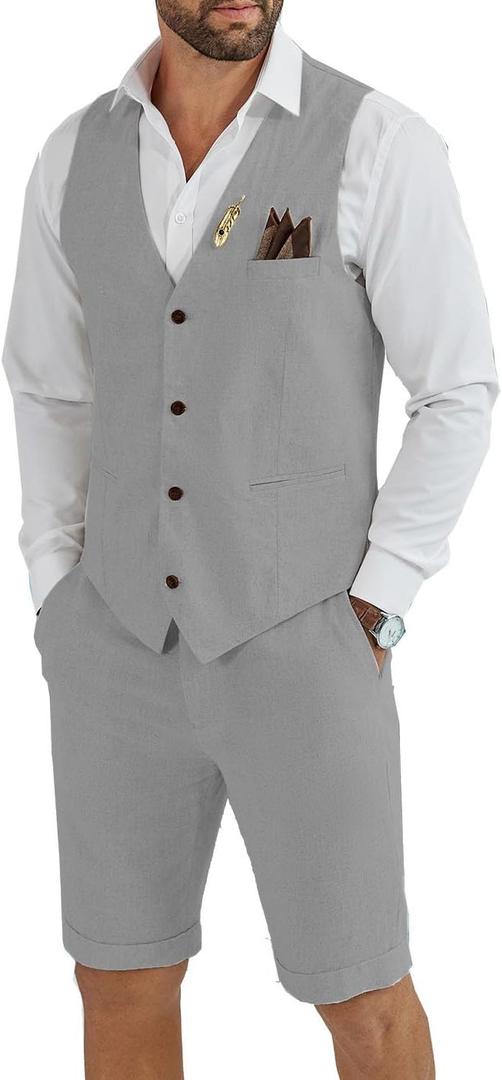 Men's Linen 2 Piece Suit Slim Fit Wedding Groom Groomsmen Summer Vest Shorts Set (X-Large, Gray)