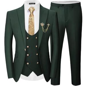 Men's 3 Piece Suits Slim Fit, Blazer Double Breasted Vest and Pants, Wedding Prom Business Suit with Gold Button (Large, Dark Green)