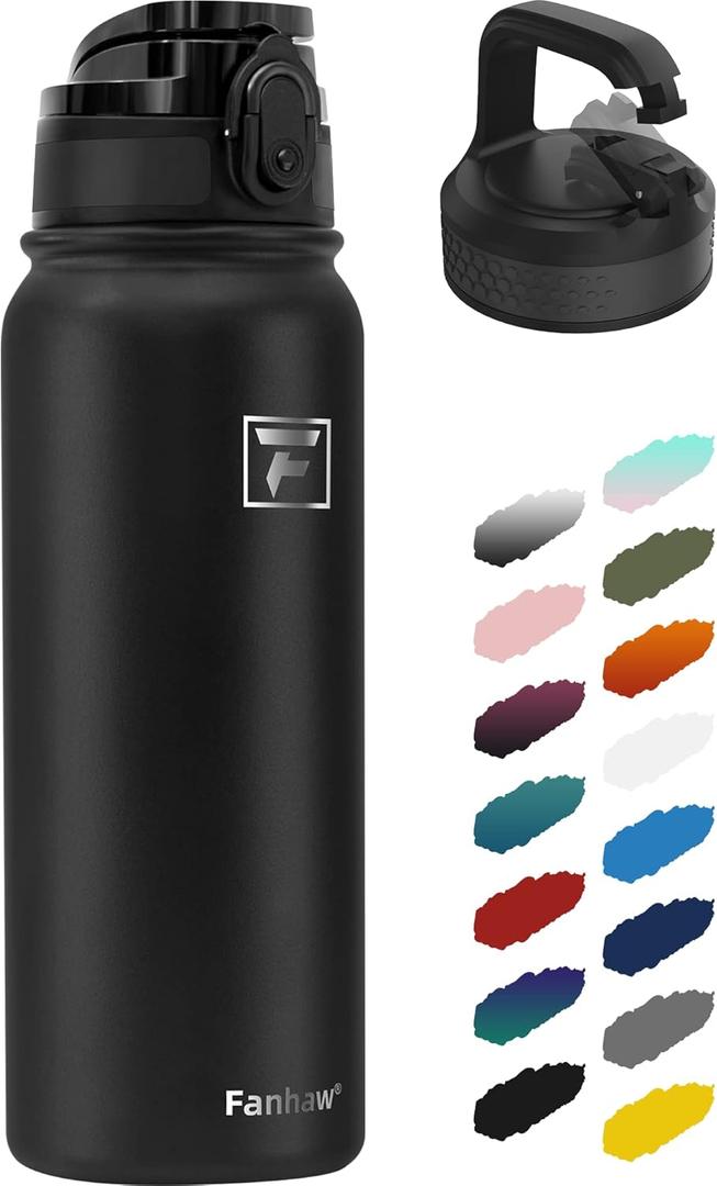 Fanhaw 20 Oz Insulated Stainless Steel Vacuum Water Bottle with 2 Lids (Pop-Open & Carabiner Lid) - For Kids, Women, Men | Leak & Sweat Proof (Black)
