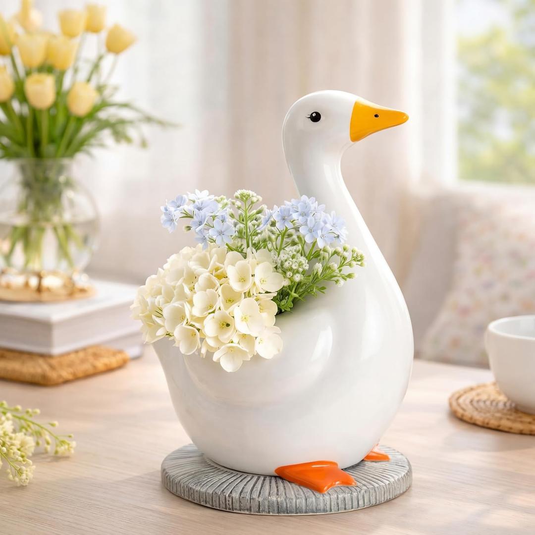 FoldTier Silly Goose Vase Ceramic Cute Flower Vase Goose Birthday Party Table Centerpieces White Animal Planter Pot Home Decor for Office Living Room Kitchen Bathroom Decor Housewarming Gifts