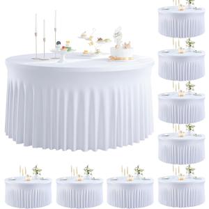 8 Pack Spandex Table Cloth for 60-Inch Round Table, White 120-Inch Stretchy Fitted 5FT Table Cloths With Skirt for Wedding Birthday Banquet