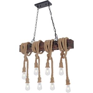 KEESFU Farmhouse Light Fixtures Rustic Chandelier，8-Light Kitchen Island Light Height Adjustable，Hemp Rope Pendant Light for Kitchen Dining Room Bar.
