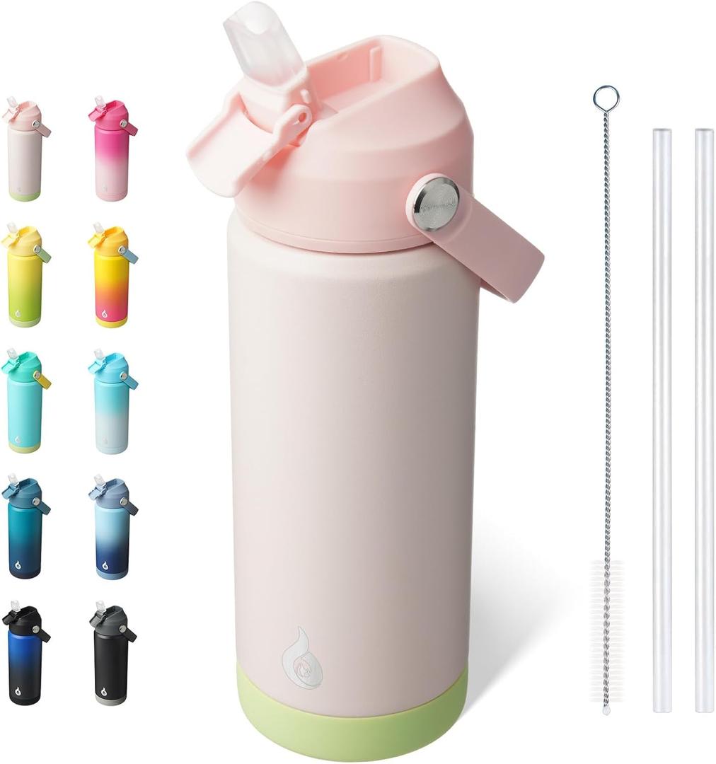 BJPKPK Insulated Water Bottle with Straw Lid, 18oz Thermos Water Bottles, Flex Handle & Non-slip Boot, BPA Free Leak Proof Stainless Steel Metal Thermos, Tumblers, Cups, Pearl Pink
