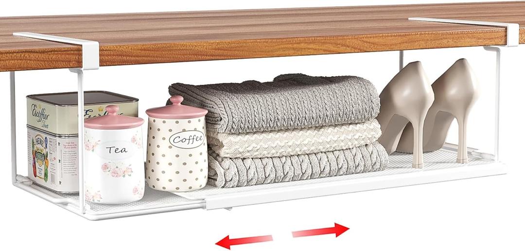 Expandable Under Cabinet Shelf, Extendable Under Shelf Storage with 0.94 Inches Thick Clips for Shoe Rack, Pantry Cabinet, Laundry Room. (White, 1 Pack, Interior: 6" H x 8.26" D)
