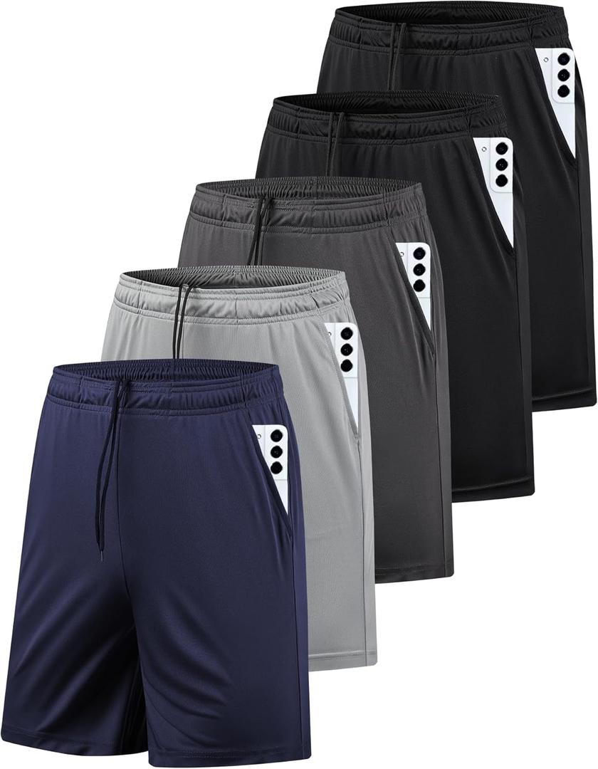 5 Pack Men's Athletic Gym Shorts with Pockets Quick Dry Activewear Workout Running Shorts for Men (Large)