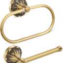 2 Pieces Set Antique Brass Toilet Paper Holder Retro Brass Hand Towel Ring Tissue Roll Paper Hanger Bathroom Hardware Wall Mounted Vintage Bathroom Accessories(Rectangle)