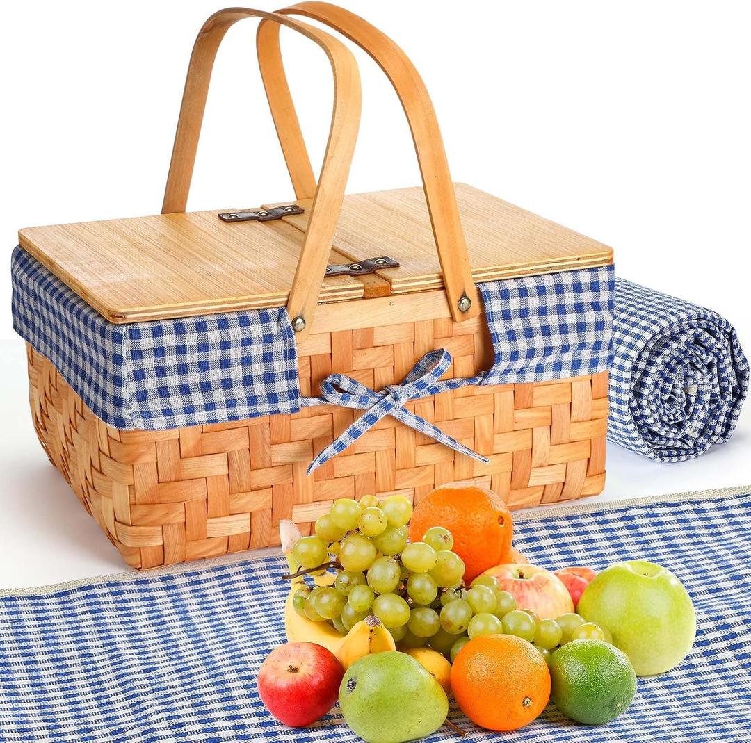 Blushtier Picnic Basket with Blankets Kit, Handwoven Natural Woodchip Basket with Lid Handle and Extra Large Foldable Waterproof Picnic Mat for Outdoor Camping Beach Grass Party Hiking Travel (Blue)