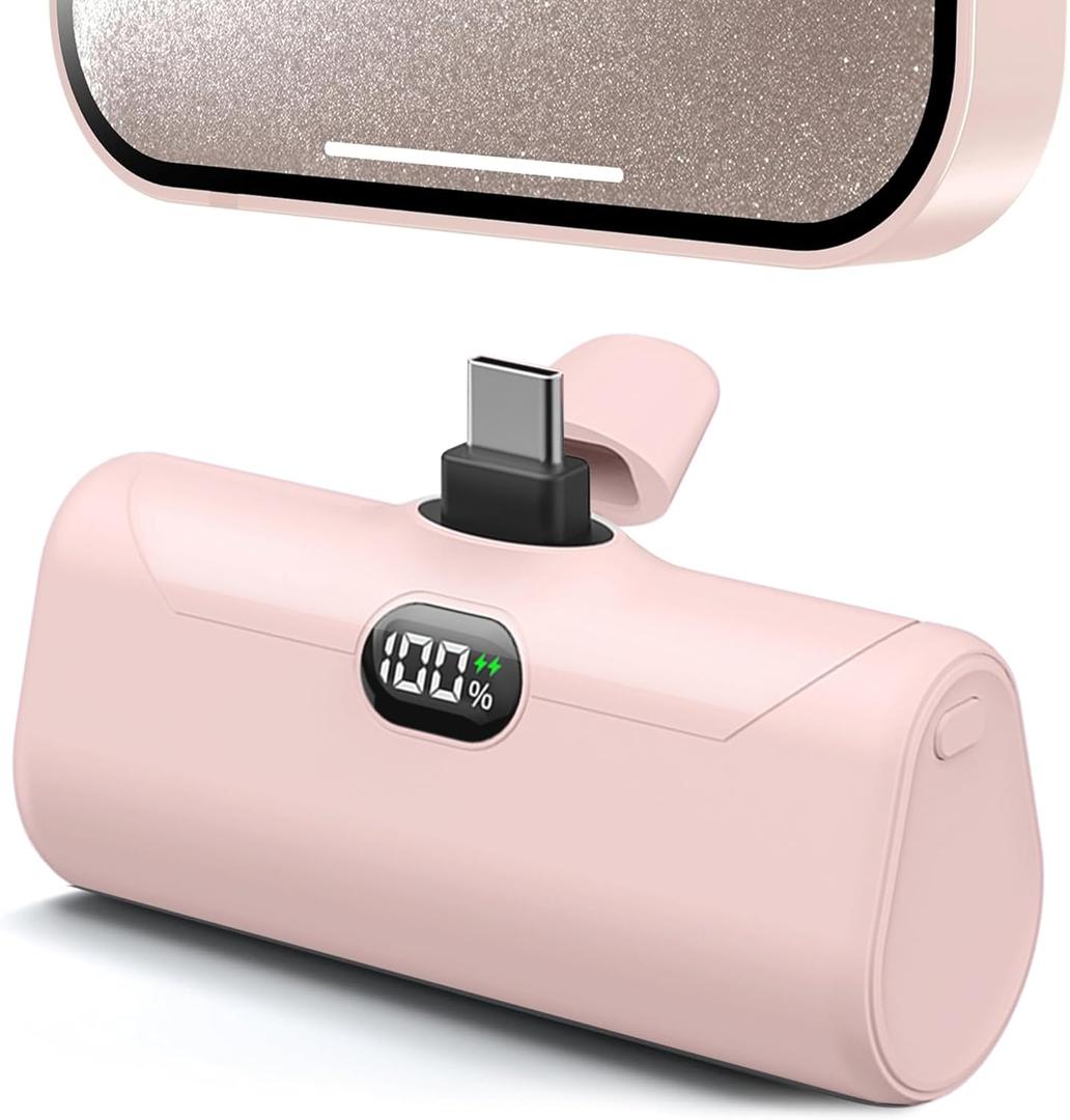 Lightweight Pink USB C Power Bank Portable Charger 5000mah with Kickstand for iPhone 17,Type-c Battery Pack Charger with Digital Display for iPhone 16/Samsung/Android phones, Pinky Gift for Her Phones