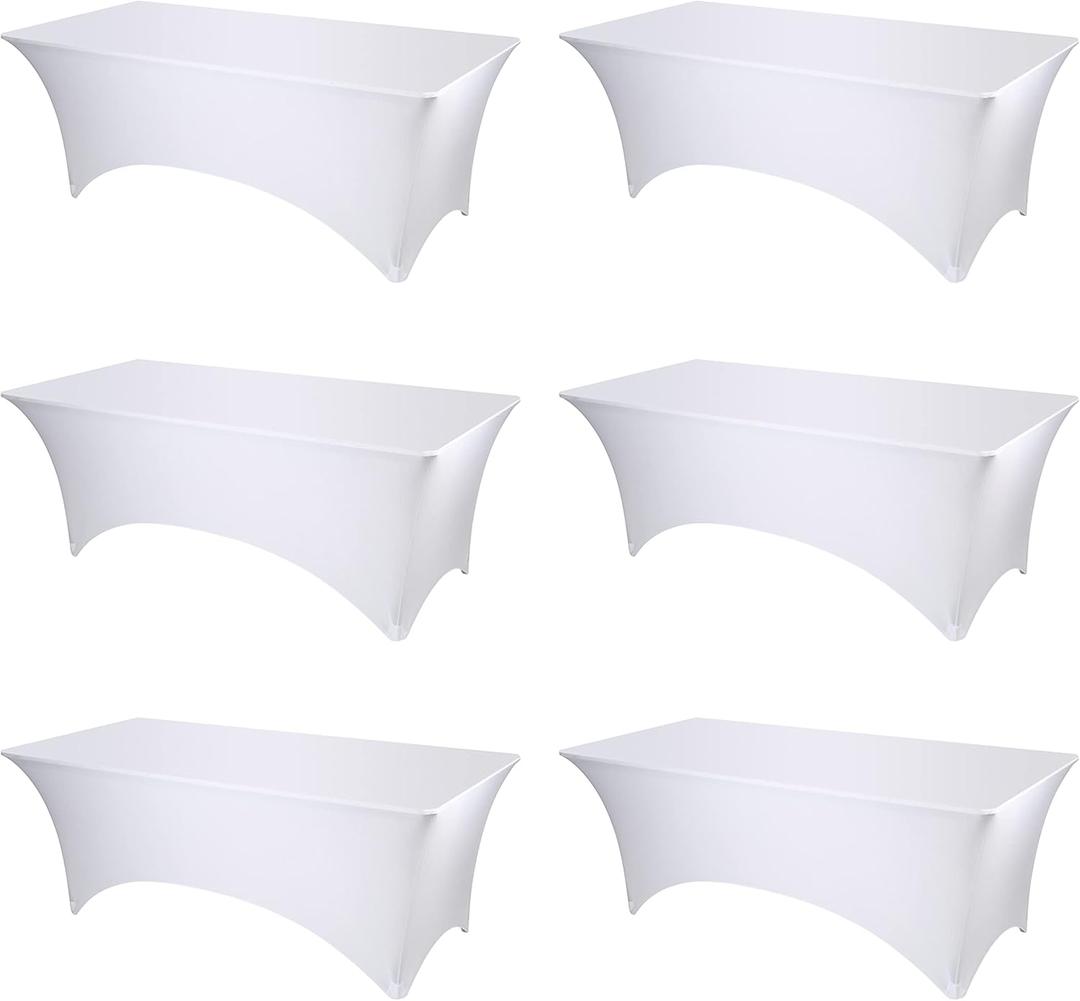 BRILLMAX 6 Pack White Fitted Spandex Table Covers - 8ft Stretch Tablecloths for 8 Foot Rectangle Folding Cloths Rectangular Bulk Linen Fabric Elastic for Wedding Reception Banquet Birthday Party (8ft, 6 Pack, White)