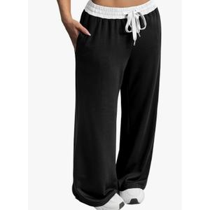 Women's Contrast Color Waistband Sweatpants Wide Leg Pants with Drawstring Buckle Size M