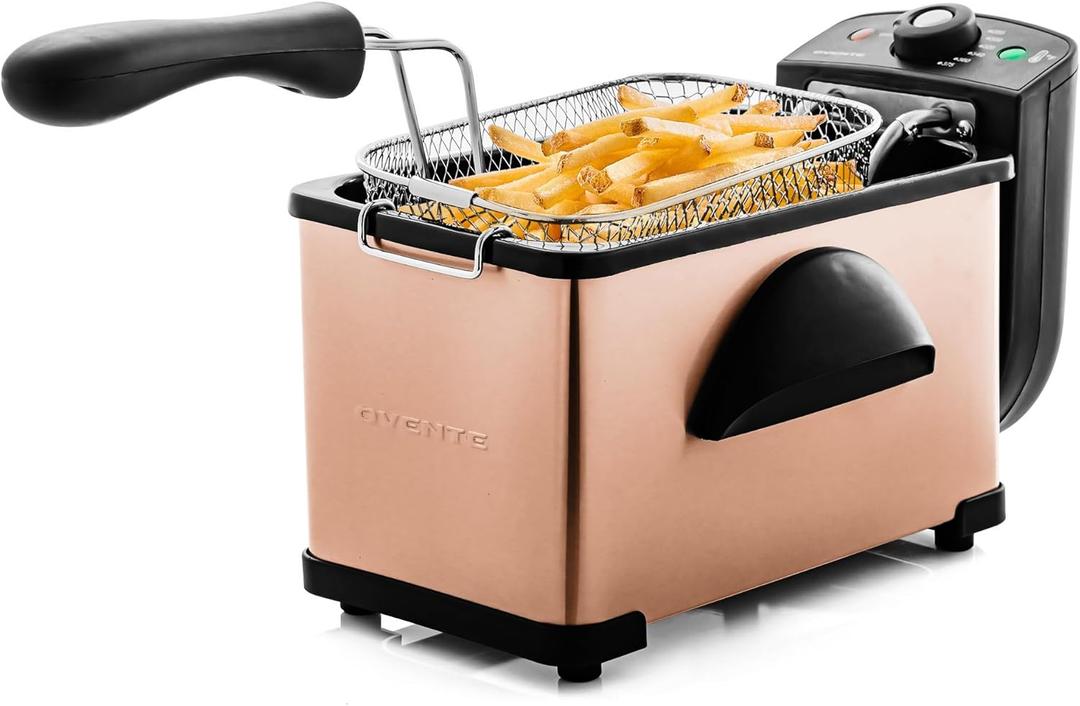 OVENTE Electric Deep Fryer 2L Capacity, Lid with Viewing Window, Adjustable Temperature, Removable Frying Basket & Cool Touch Handle, 1500W Power, Easy to Clean Stainless Steel Body, Copper FDM2201CO