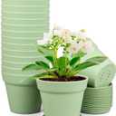 Meowell 4 inch Small Plastic Nursery Pots, 16 Pack Plant Pots for Indoor Outdoor Plants, Flower Pots with Drainage Holes and Saucers, Decorative Seedling Starter Planters for House Plants, Green