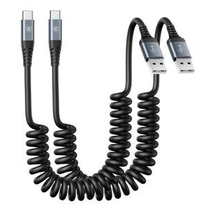 USB Type C Charger Cable Fast Charging, [2-Pack, 3ft] Coiled USB A to Type C Charger Cord for Car USB-C Cable Compatible with iPhone 16/15/Plus/Pro/Pro Max/Samsung Galaxy A10e A20 A50 S20 S10E Note 20 (Black)