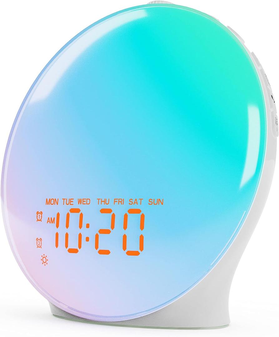 Wake Up Light Sunrise Alarm Clock for Bedroom, 17 Nightlights, Sound Machine with 5W Bluetooth Speaker, 25 Soothing Sounds, Sleep Timer, Dual Alarms, FM Radio, Ideal Gift for Baby, Kids, Adults, Senior