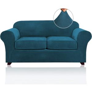 PrinceDeco Velvet Couch Cover Loveseat Covers for 2 Cushion Couch 3 Piece Sofa Covers for Dogs Washable Loveseat Covers Width Up to 72 Inch No Slip Stretch Sofa Slipcover (Medium,Deep Teal)