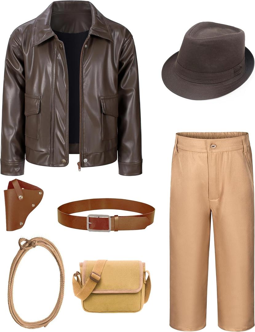 Kids Adventurer Costume for Boys Archaeologist Explorer Leather Jackets Pants Kit Halloween Cosplay (10-11 Years, Brown)
