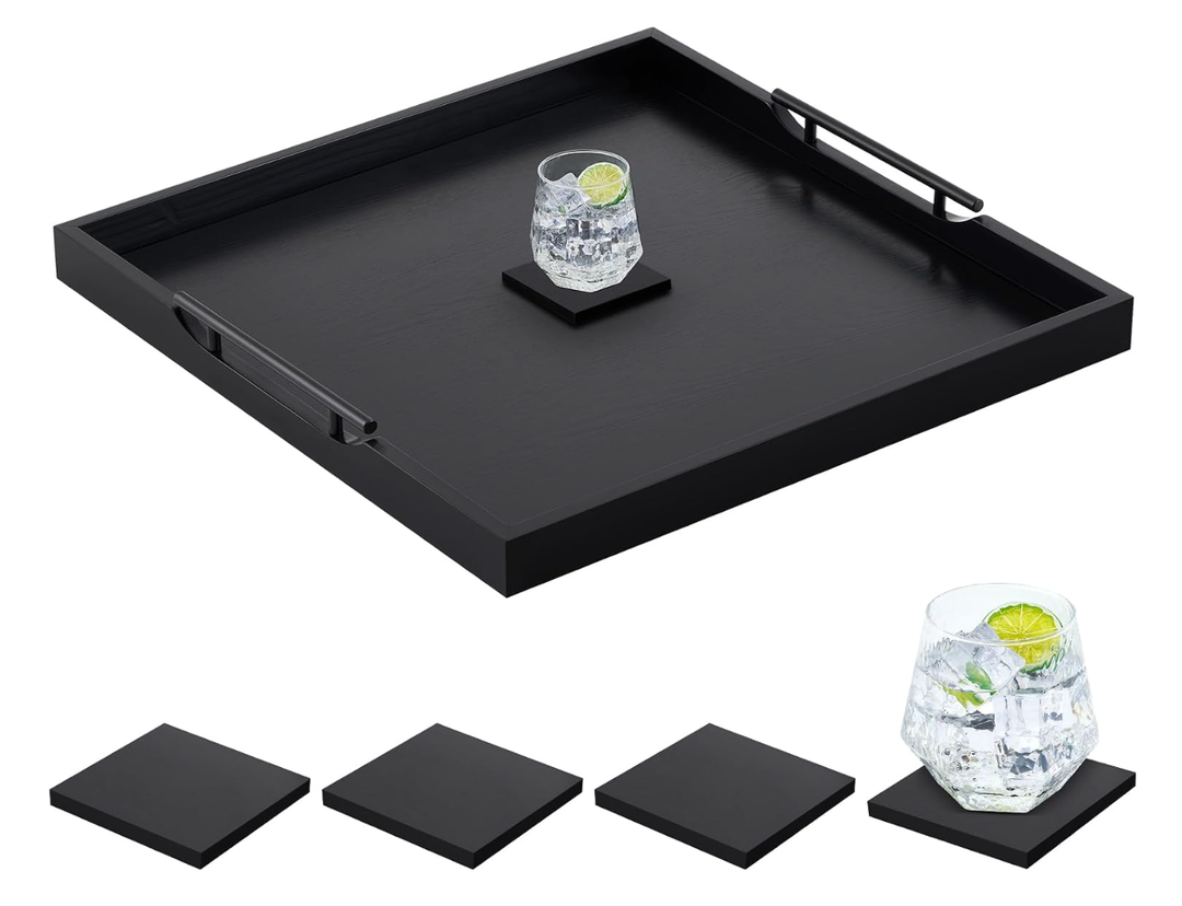 Remagr 24'' Square Extra Large Ottoman Tray, Wood Serving Tray with 4 Coasters and Metal Handles Decorative Coffee Table Platter for Living Room Sofa Food Tea Server Housewarming Home Gift(Black)