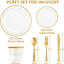 FOCUSLINE 600 Ct Gold Dinnerware Set for 100 Guests - Gold Rimmed Disposable Plastic Plates, Includes 100 Dinner & Salad Plates, Cups, Cutlery Set for Wedding Parties