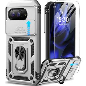 Taisairu for Google Pixel 9A Case with Screen Protector & Slide Camera Lens Cover, Built-in 360°Rotate Magnetic Ring Stand Shockproof Protective Phone Case for Google Pixel 9A Case (Silver)