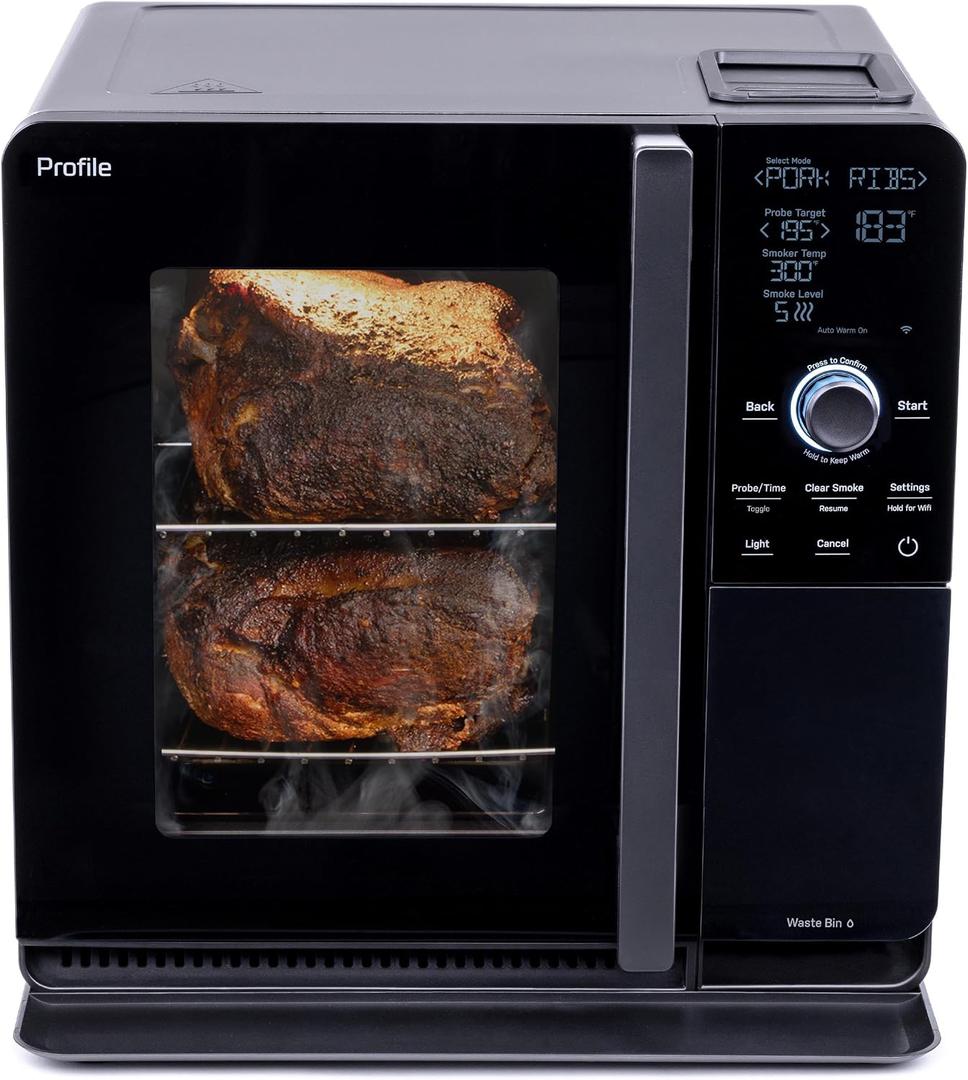 GE Profile Smart Indoor Pellet Smoker, with Active Smoke Filtration, 5 Smoke Control Settings, WiFi Connected, Electric, Countertop BBQ Appliance, Black