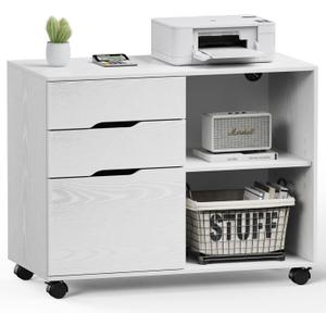 9 x DUMOS Lateral File Cabinet with 3 Drawers Rolling Filing Cabinets Under Desk Storage Printer Stand Wood Organizer with Wheels Adjustable Shelf for Office Home Small Space, White