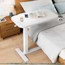 HUANUO 32Inch Bedside Table with Wheels, Height-Adjustable Rolling Computer Cart, Overbed Table with Cup Holder, Pneumatic Laptop Standing Desk for Home Office, White, Large-32 Inch
