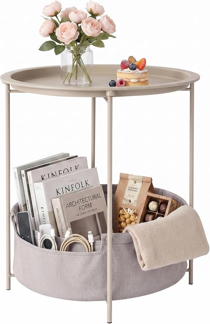 VECELO Round Side/End Table with Fabric Storage BasketMetal Anti-Rust and Waterproof Small Bedside Nightstand with Removable Tray Top for Living RoomBalcony & LaundryGrey /1pc with Basket