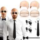 Mepase 8 Pcs Halloween Latex Bald Caps with Head Wig Caps Sunglasses Tie and Bow Tie for Adults Men Halloween Party Cosplay(Wrinkle Style)