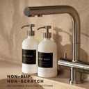 Hand and Dish Soap Dispenser for Kitchen and Bathroom, Set of 2 16 Oz Glass Bottles, Stainless Steel Pumps, Non-Slip Silicone Base, 27 Waterproof Labels (Matte White Bottle/Brushed Silver Pump)