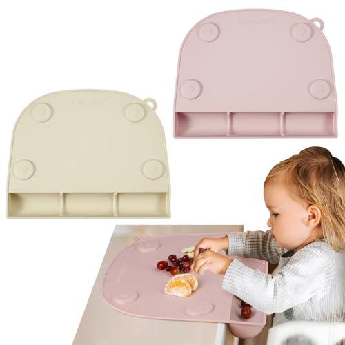 PandaEar 2 Pack Suction Silicone Placemat for Toddlers Kids| Food Grade Toddler Place Mat for Dining Table & Restaurants Baby Eating| Baby Placemat That Stick to Table（Pink + Linen