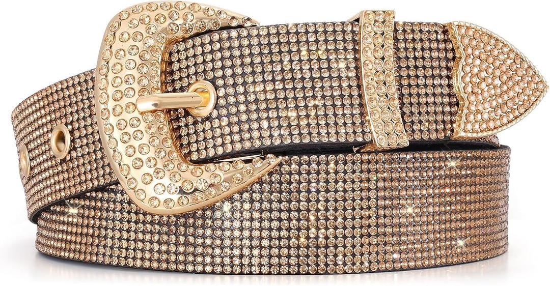WHIPPY Rhinestones Leather Belts for Women Disco Bling Studded Belt for Jeans Pants Western Cowgirl Shiny Waist Belt, Gold, L