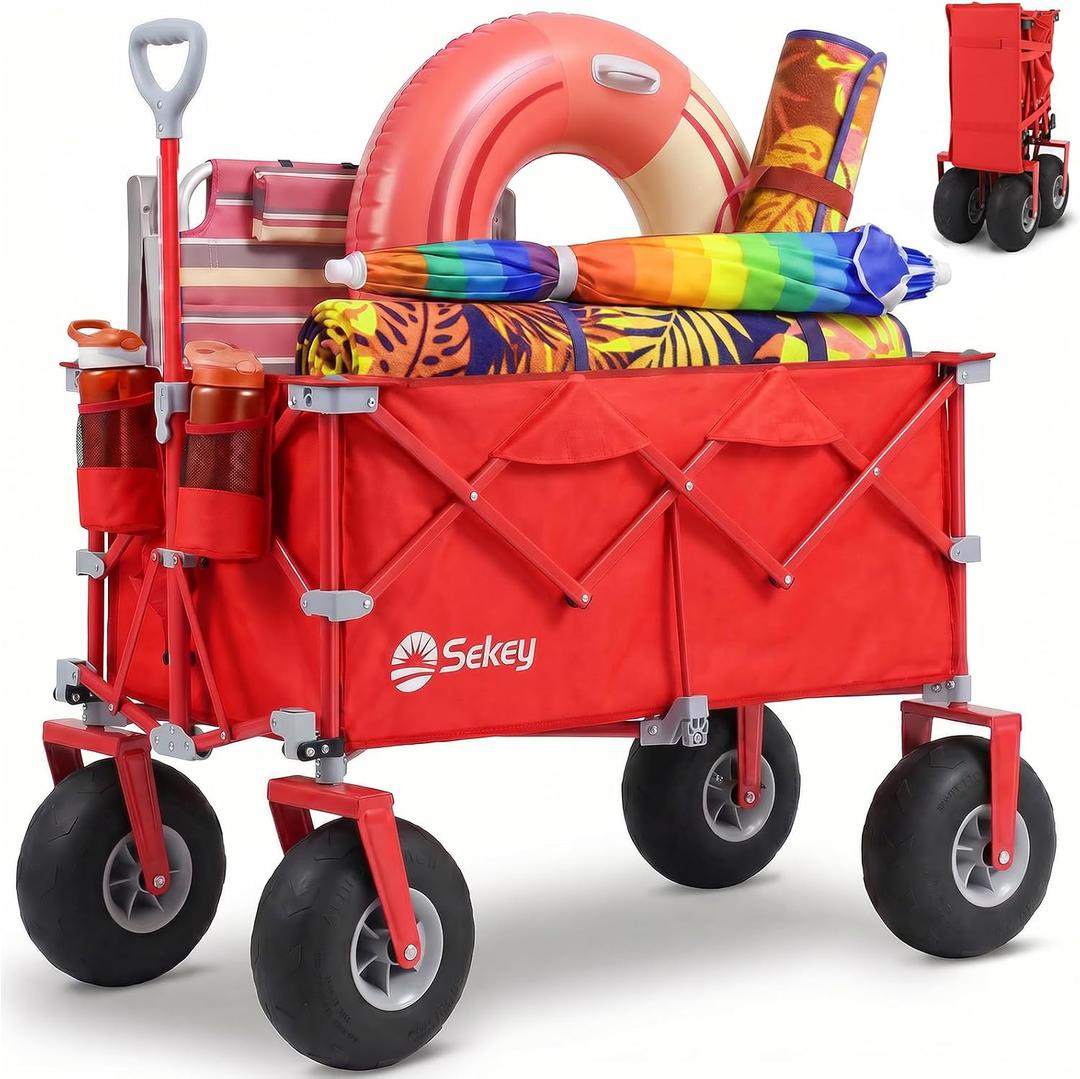 Sekey Heavy Duty Beach Wagon with 9" Big Sand-Proof Wheels 600lb Capacity, 200L Oversized Foldable Cart | Adjustable Handle & All-Terrain Tires for Sand, Camping, Groceries