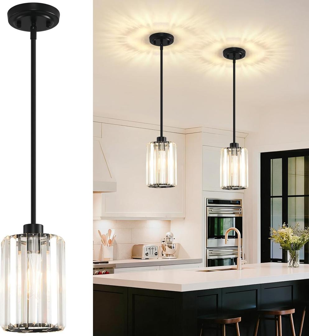 2 Pack Pendant Lights Kitchen Island, Modern Black Pendant Light Fixtures, Mini Chandelier Crystal Kitchen Island Lighting, Hanging Pendant Lights Fixture for Kitchen Island Dining Room Hallway Foyer