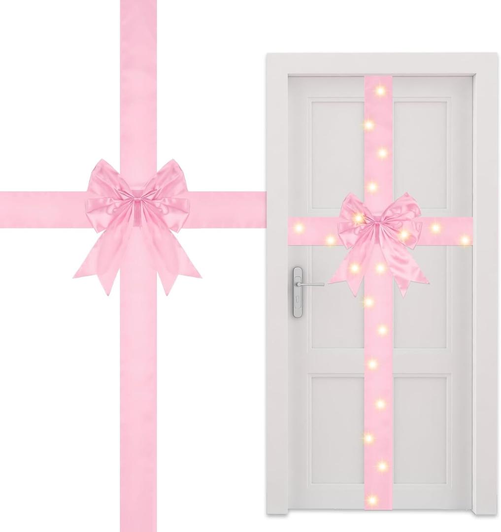 Spiareal Christmas Cabinet Door Ribbon Bow with LED Light Large Glowing Ribbon Christmas Wreath Bow Xmas Tree Festival Wrapping Decorations for Home Xmas Tree(Pink,15.75 x 12.99,Normal)