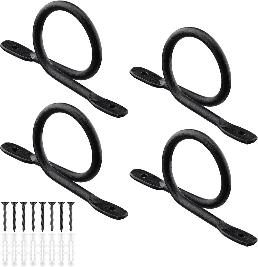 Yookeer 4 Pcs 1.5 Inch Diameter Curtain Rod Brackets Holder, Hand Forged Metal Curtain Rod Wall Hanger Rustic Closet Support with Screws for Rods Ceiling Blinds Drapes Wall Hook (Black)