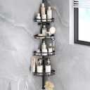 LAMU Corner Shower Caddy Tension Pole, Rust-resistant Shower Organizer, Strong Spring, 4 Adhesive Pads, Non-Slip Grid Base, Adjustable 4-Tier Basket, 8 Hooks, Fits Heights 19.7-113.8", Black