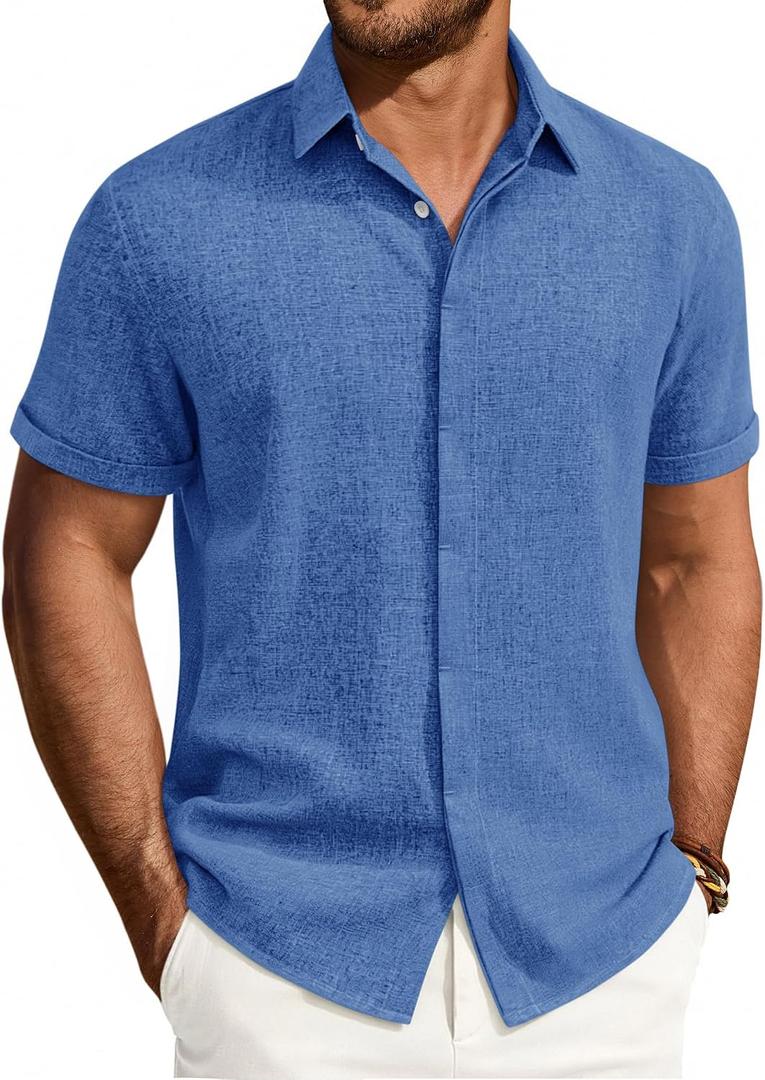 Alimens & Gentle Mens Linen Shirt Short Sleeve Button Down Shirt Casual Summer Beach Vacation Wedding Linen Texture Shirts (Blue, L)