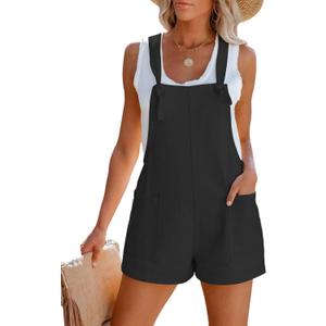 Aoudery Women's Summer Casual Sleeveless Rompers Loose Spaghetti Strap Cotton Shorts Overalls Jumpsuit with Pockets (Black, XS)