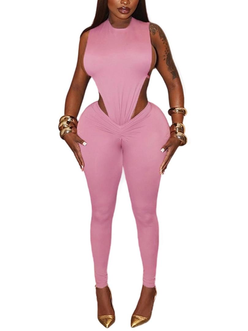 Pink Sexy 2 Piece Sets for Women Sleeveless Hollow Out Bodysuit Top Bodycon Ruched Leggings Set Jumpsuit Club Outfits (Pink, L)