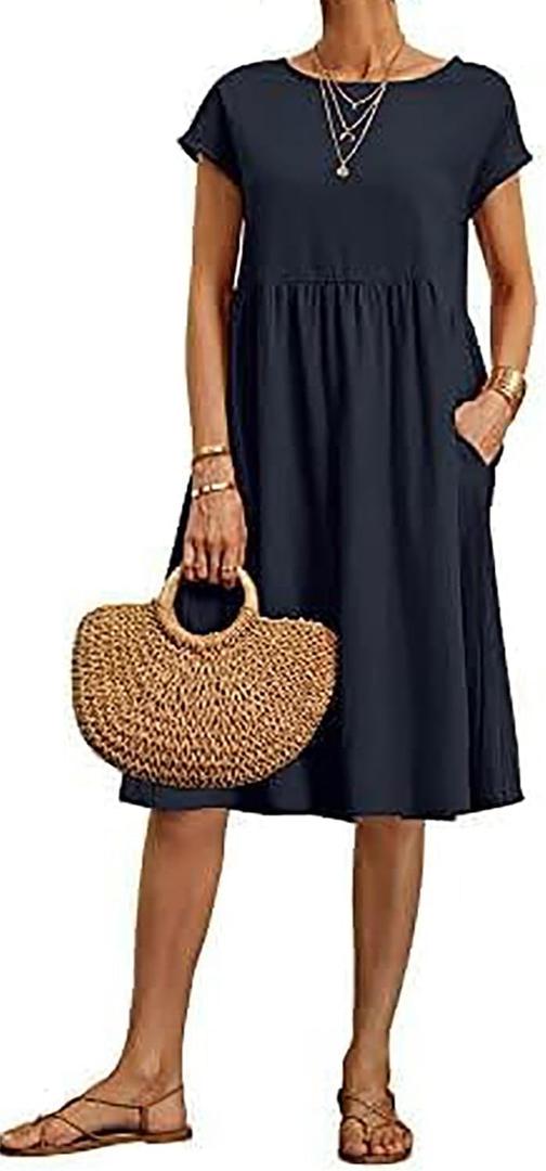 BIRW Cotton Linen Dresses for Women 2025 Summer Casual A Line Flowy Dress Beach Vacation Midi Gauze Dress with Pockets (Medium)