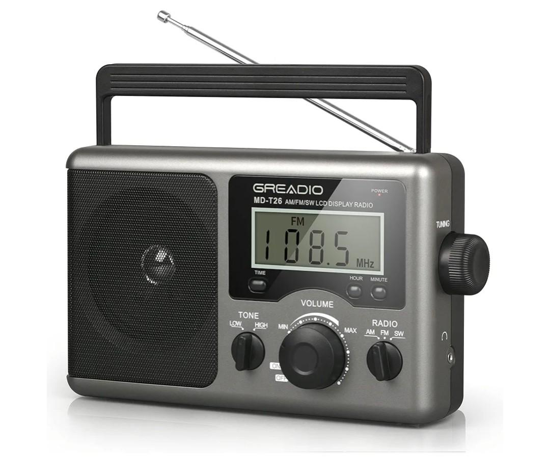 Greadio Portable Shortwave Radio with Best Reception,AM FM Transistor,LCD Display,Time Setting,Battery Operated by 4 D Cell Batteries or AC Power,Big Speaker,Earphone Jack for Gift,Elder,Home