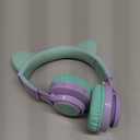 Riwbox Kids Wireless Headphones, CT-7S Cat Ear Bluetooth, 85dB Volume Limiting, LED Light Up Over Ear with Microphone for Laptop/PC/TV (Purple&Green)