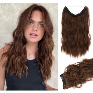 Halo Hair Extensions 20 Inch Invisible Wire Light Brown Adjustable Long Wavy Synthetic Upgrade With 4 Secure Clips in Hairpieces