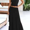 PRETTYGARDEN Women's 2 Piece Maxi Skirt Sets Casual Summer Knit Cropped Tank Top High Waisted Long Skirts Outfit (Black, S)