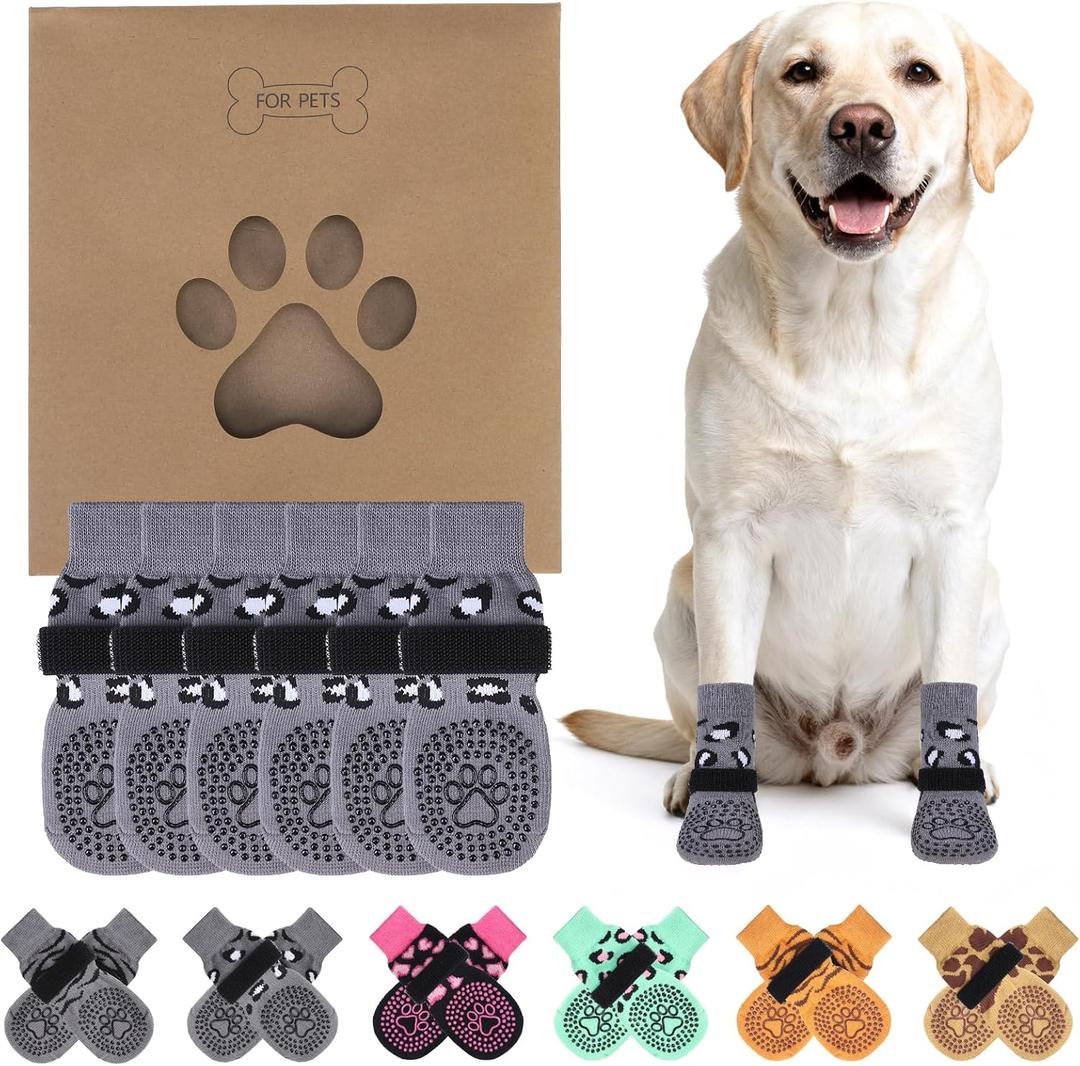 KOOLTAIL Anti Slip Dog Socks for Hot/Cold Pavement to Prevent Licking Paws, Paw Protector&Dog Boots with Grippers for Hardwood Floors,Traction Control No Twist Booties for Small Medium Large Dogs, Small (Leopard Grey)