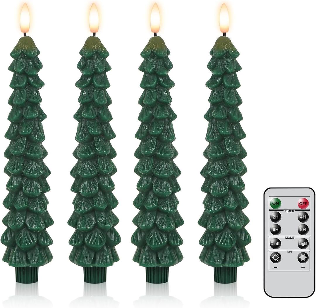 Wondise Christmas Tree Flameless Candles with Remote and Timer, Real Wax Battery Operated 3D Wick LED Taper Candles Flameless Flickering Candles for Christmas Holiday Decor (6pcs 0.78" x 9.8") (1-Green)
