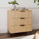 25.6" W Fluted Nightstand with 3 Drawer Dresser, Modern Wood Night Stands Bedside Table for Bedroom King/Queen Bed, End Table with Robot-Friendly Legs for Living Room,Entry (3 Drawers-1pcs-Natural)